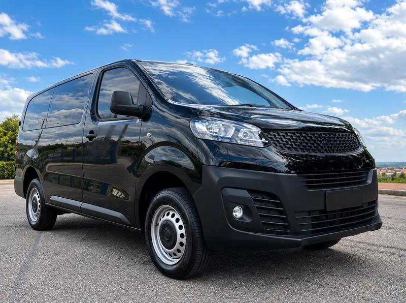 Minivan preta estacionada ao ar livre, sob céu azul