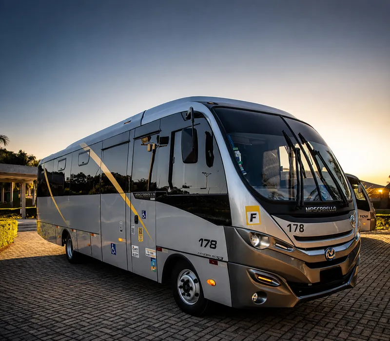 Micro-ônibus prata com a marca da Faria ao pôr do sol
